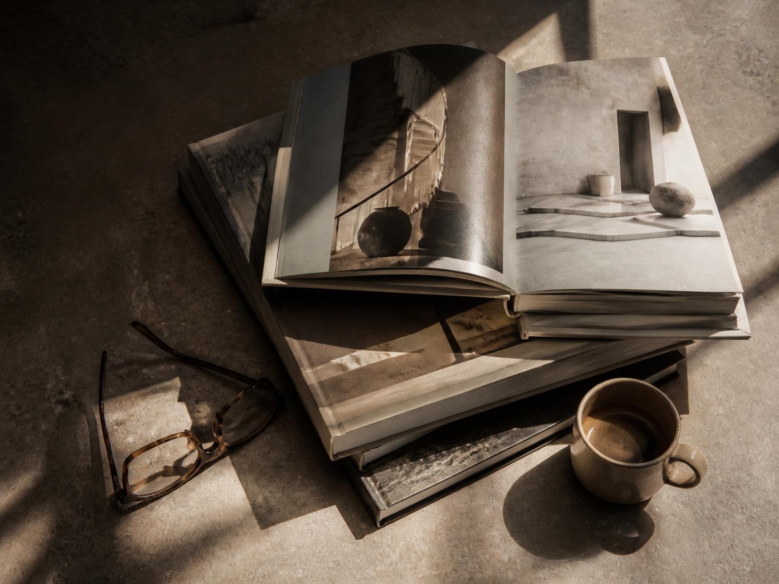 Overhead editorial still life of art and architecture books on a concrete surface, catching afternoon light.